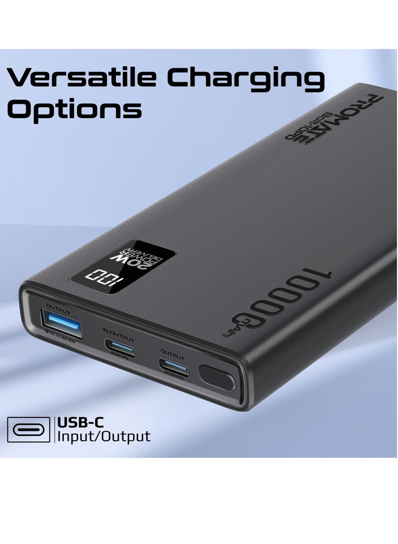 PROMATE - 10000 mAh Promate Universal 10000mAh Ultra-Slim Power Bank,  with 20W USB-C Input/Output Port, QC 3.0 Output, USB-C Ports, LCD Screen and Over-Heating Protection for Smartphones and Tablets, Bolt-10PD Black - Image 1