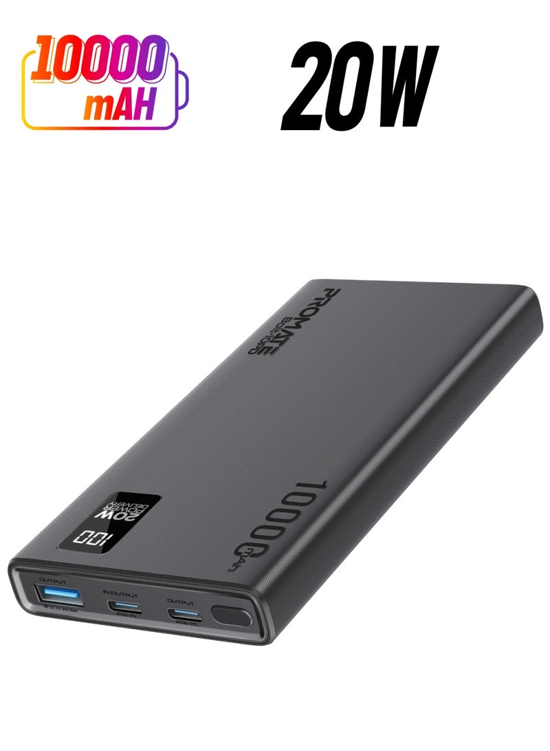 PROMATE - 10000 mAh Promate Universal 10000mAh Ultra-Slim Power Bank,  with 20W USB-C Input/Output Port, QC 3.0 Output, USB-C Ports, LCD Screen and Over-Heating Protection for Smartphones and Tablets, Bolt-10PD Black - Image 1