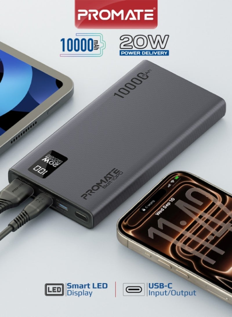 Promate Universal 10000mAh Ultra-Slim Power Bank,  with 20W USB-C Input/Output Port, QC 3.0 Output, USB-C Ports, LCD Screen and Over-Heating Protection for Smartphones and Tablets, Bolt-10PD Black - Image 1