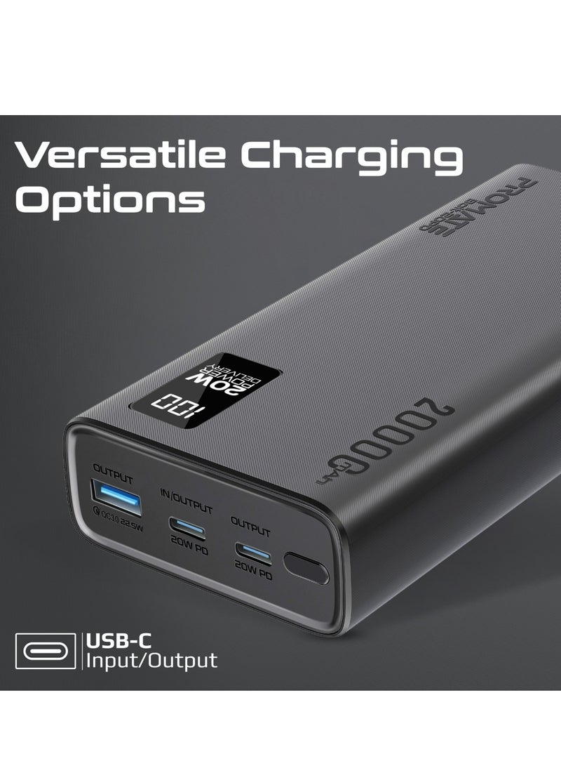 PROMATE - 20000 mAh Universal Ultra-Slim Power Bank with 20W USB-C Input/Output Port, QC 3.0 Output, USB-C Ports, LCD Display and Over-Heating Protection for Smartphones and Tablets, Bolt-20PD Black - Image 1