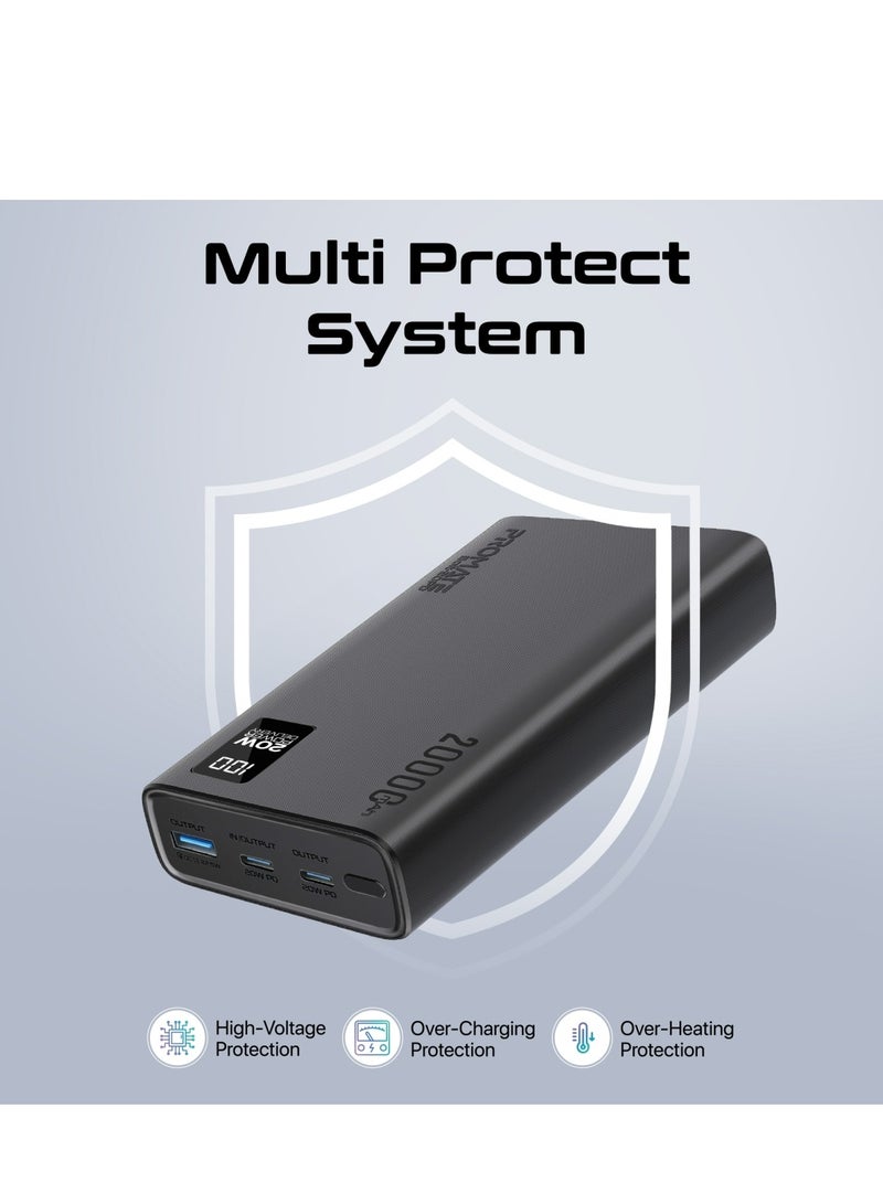 PROMATE - 20000 mAh Universal Ultra-Slim Power Bank with 20W USB-C Input/Output Port, QC 3.0 Output, USB-C Ports, LCD Display and Over-Heating Protection for Smartphones and Tablets, Bolt-20PD Black - Image 1
