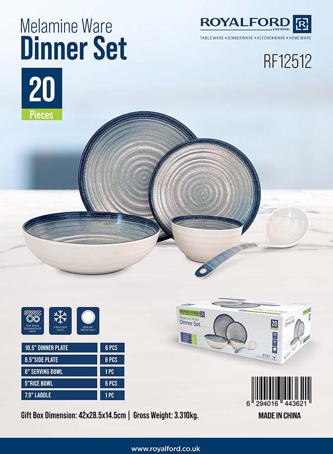 رويال فورد 20-Piece Melamlne Dinner Set With 6X27Cm Dinner Plates, 6X22Cm Side Plates, 1X20Cm Serving Bowl, 6X13Cm Rice Bowls, 1X20Cm Ladle, Serves 6 For Everyday Use, Multicolor Multicolor 3kg - Image 4
