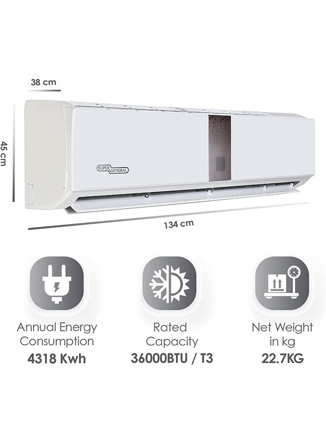 SUPER GENERAL Split Air Conditioner, 36000 BTU, Reciprocating Compressor, Auto Restart, Gold Fin, 4-Way Swing - 134 x 45 x 38 cm, 1 Year Warranty 3000 W SGS370HE White  - Image 2