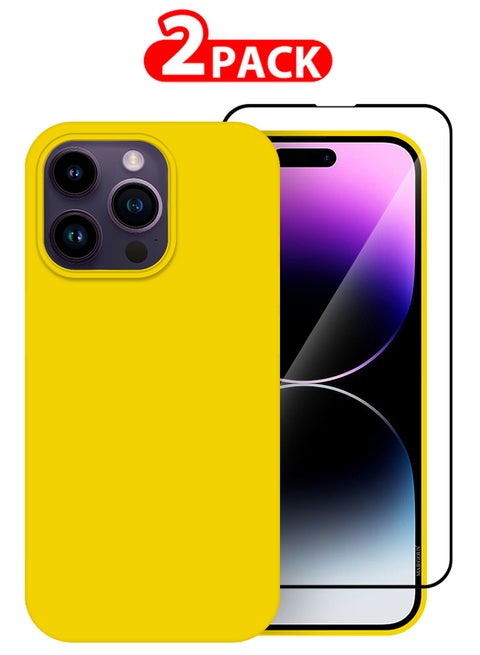 2 Pack For iPhone 14 Pro Case and Screen Protector Silicone Case Full Body Protective Cover Shockproof Slim Phone Case Anti-Scratch Soft Microfiber Lining Yellow