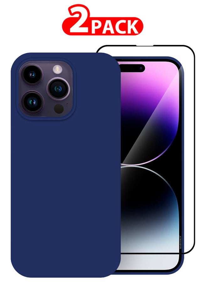 مارجون 2 Pack For iPhone 14 Pro Case and Screen Protector Silicone Case Full Body Protective Cover Shockproof Slim Phone Case Anti-Scratch Soft Microfiber Lining Blue - Image 1