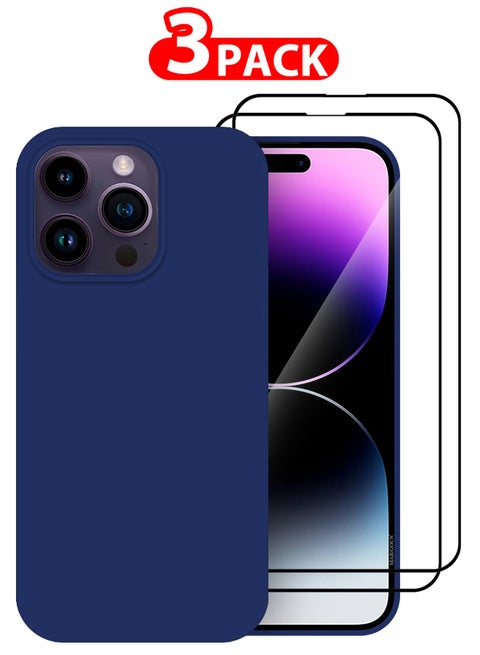 3 Pack For iPhone 14 Pro Max Case and 2 Screen Protectors Silicone Case Full Body Protective Cover Shockproof Slim Phone Case Anti-Scratch Soft Microfiber Lining Blue