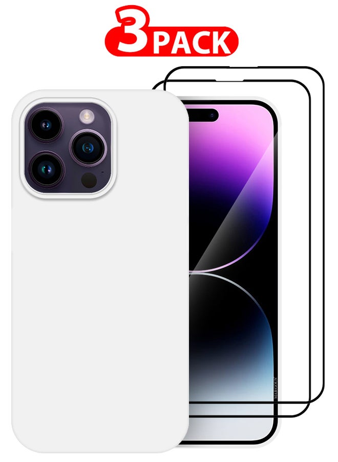 MARGOUN 3 Pack For iPhone 14 Pro Case and 2 Screen Protectors Silicone Case Full Body Protective Cover Shockproof Slim Phone Case Anti-Scratch Soft Microfiber Lining White - Image 1
