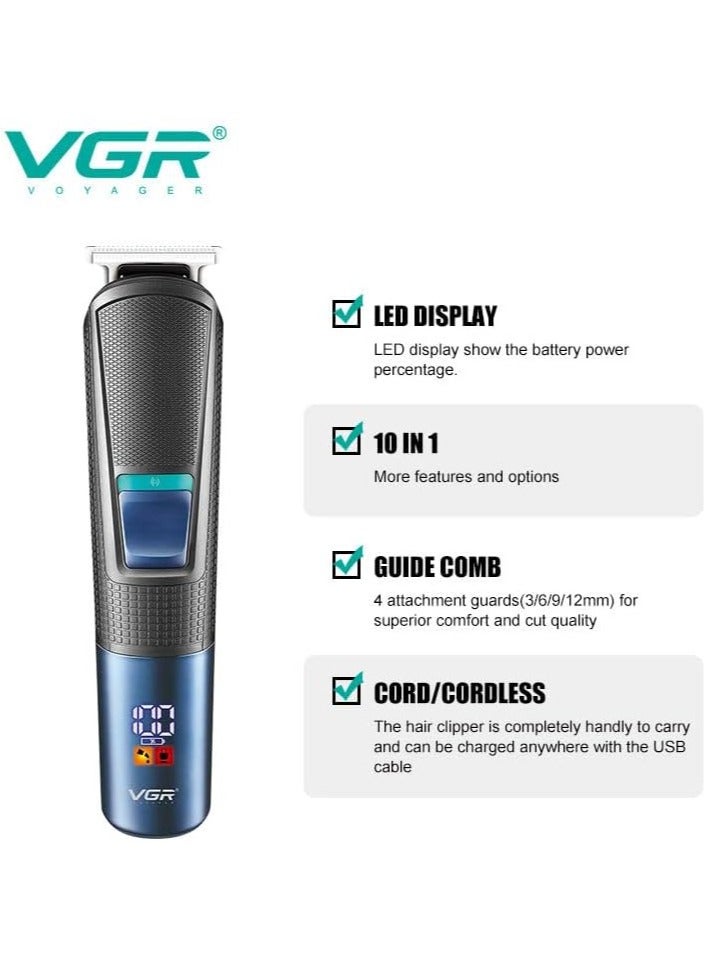 VGR V-108 Professional 10 in 1 Grooming Kit with LED Display, All in one Trimmer for Men,Suitable for Face, head, Nose,Ear & Body Grooming, 120 min Runtime (Black, Blue) 1 Year Warranty
