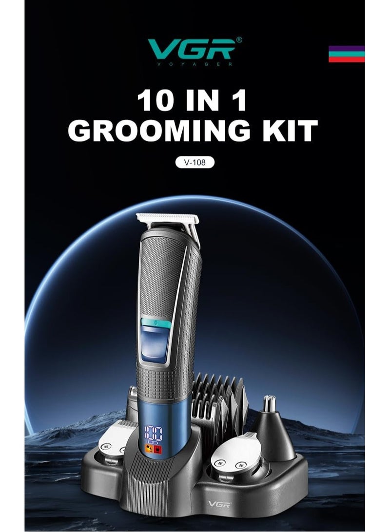 VGR V-108 Professional 10 in 1 Grooming Kit with LED Display, All in one Trimmer for Men,Suitable for Face, head, Nose,Ear & Body Grooming, 120 min Runtime (Black, Blue) 1 Year Warranty