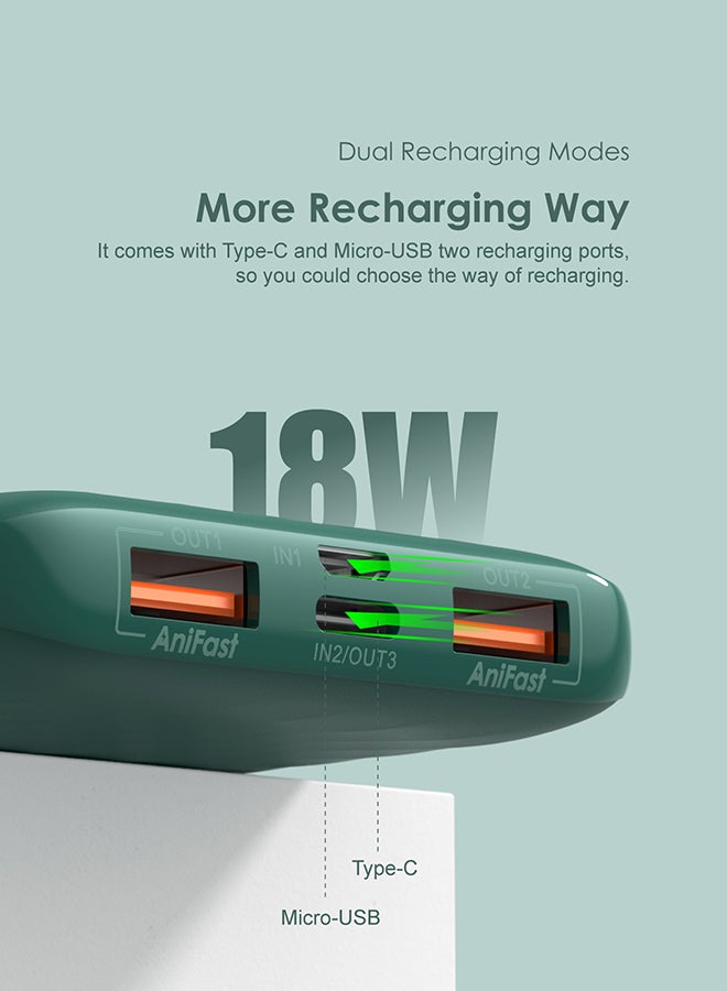 10000 mAh Toast 10 PD Pro II Powerbank with 20W Fast Charging,Type C & USBs Triple Output,Multi-Layer Protection Green