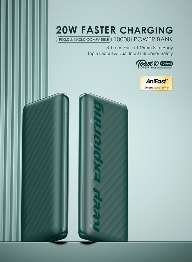 10000 mAh Toast 10 PD Pro II Powerbank with 20W Fast Charging,Type C & USBs Triple Output,Multi-Layer Protection Green