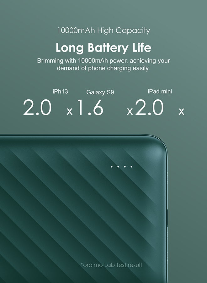 10000 mAh Toast 10 PD Pro II Powerbank with 20W Fast Charging,Type C & USBs Triple Output,Multi-Layer Protection Green