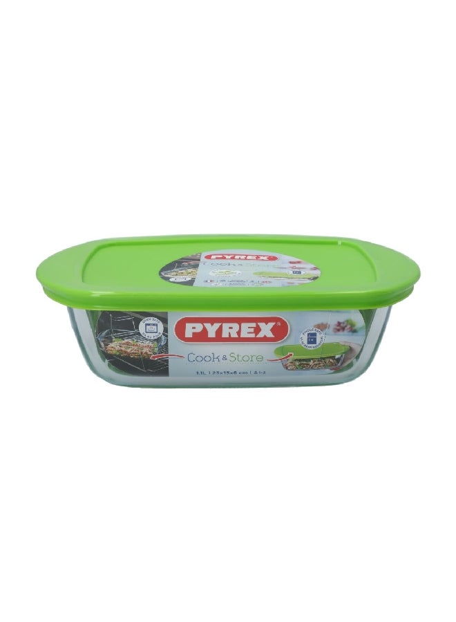 PYREX Microwave Safe Rectangular Dish with Lid Clear and Green 1.1 L 215P000/7046  - Image 1