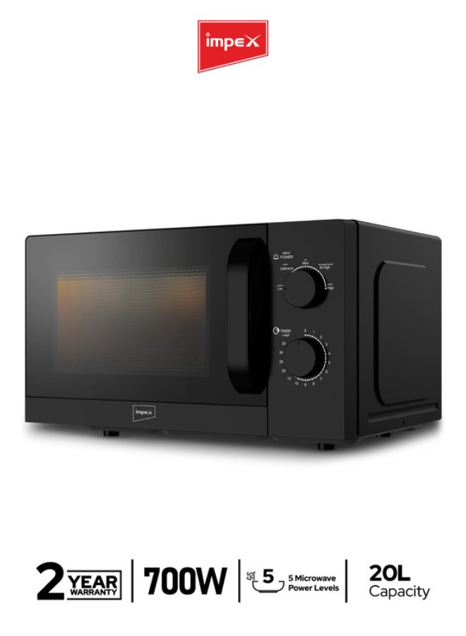 Impex 20L Microwave Oven – 2 Year Warranty, 700W Power, 5 Cooking Levels with Defrost, 35 Min Timer, 255mm Turntable Glass Tray, Pull Handle, Compact Design Easy Cooking Kitchen Appliance, 220-240V 20 L 700 W MO 8101A Black - Image 1