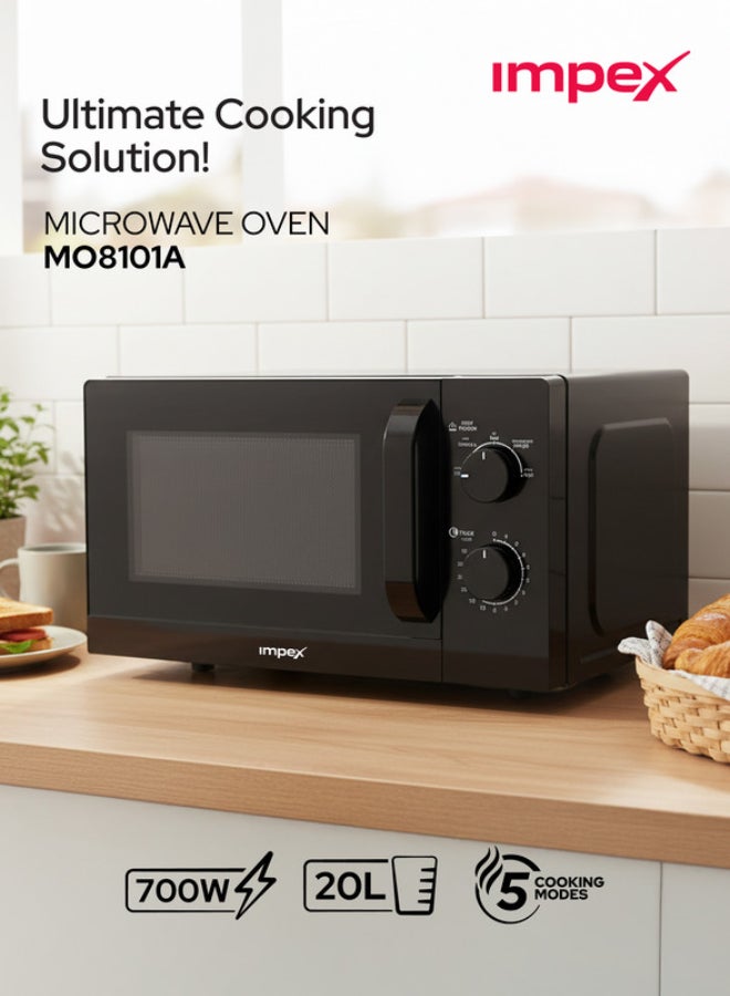 Impex 20L Microwave Oven – 2 Year Warranty, 700W Power, 5 Cooking Levels with Defrost, 35 Min Timer, 255mm Turntable Glass Tray, Pull Handle, Compact Design Easy Cooking Kitchen Appliance, 220-240V 20 L 700 W MO 8101A Black - Image 2