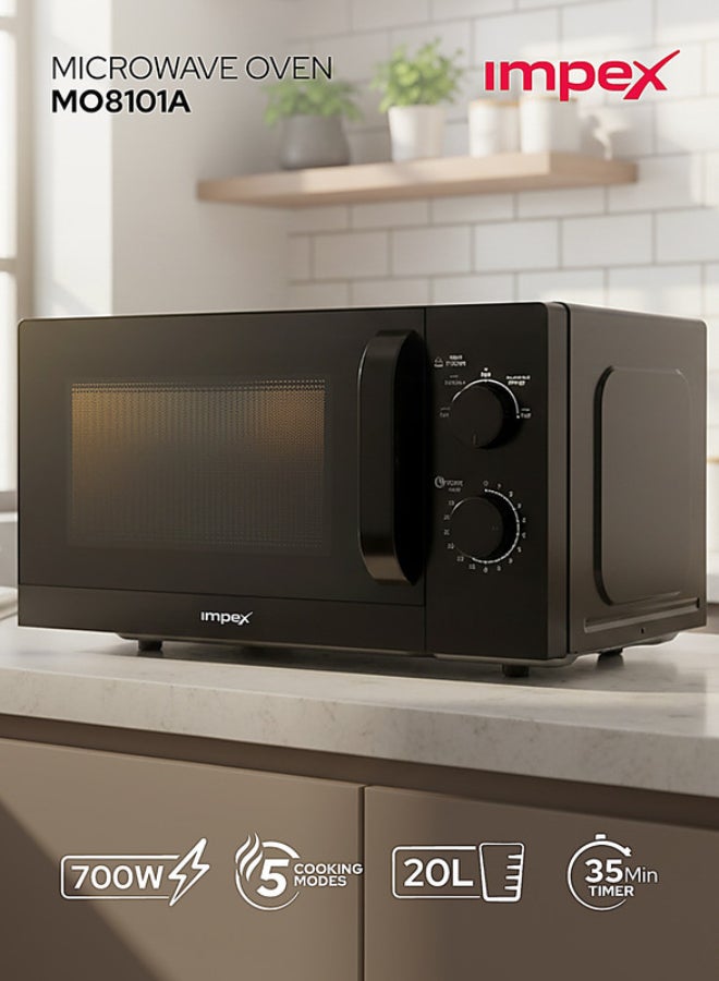 Impex 20L Microwave Oven – 2 Year Warranty, 700W Power, 5 Cooking Levels with Defrost, 35 Min Timer, 255mm Turntable Glass Tray, Pull Handle, Compact Design Easy Cooking Kitchen Appliance, 220-240V 20 L 700 W MO 8101A Black - Image 1