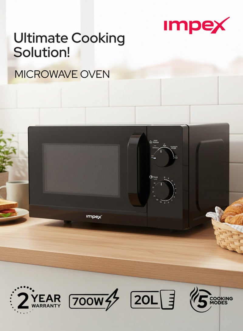 Impex 20L Microwave Oven – 2 Year Warranty, 700W Power, 5 Cooking Levels with Defrost, 35 Min Timer, 255mm Turntable Glass Tray, Pull Handle, Compact Design Easy Cooking Kitchen Appliance, 220-240V 20 L 700 W MO 8101A Black - Image 1