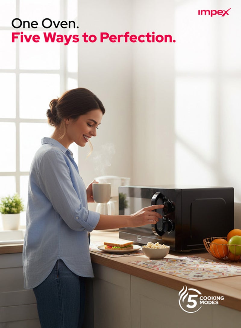 Impex 20L Microwave Oven – 2 Year Warranty, 700W Power, 5 Cooking Levels with Defrost, 35 Min Timer, 255mm Turntable Glass Tray, Pull Handle, Compact Design Easy Cooking Kitchen Appliance, 220-240V 20 L 700 W MO 8101A Black - Image 4