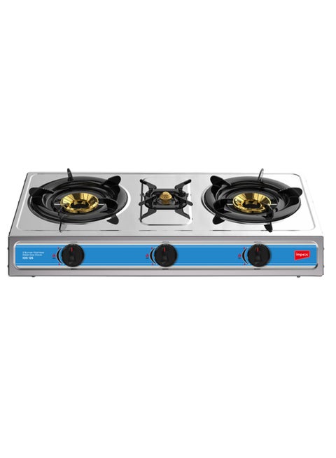 3 Burner Stainless Steel Gas Stove with High Durable Burners, Blue Flame With High Efficiency, L-Shaped Gas Inlet Pipe, Auto Ignition Knobs For Easy Operation and High Impact Stainless Steel Body IGS 125 Silver
