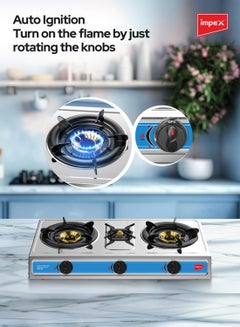Impex 3 Burner Stainless Steel Gas Stove with High Durable Burners, Blue Flame With High Efficiency, L-Shaped Gas Inlet Pipe, Auto Ignition Knobs For Easy Operation and High Impact Stainless Steel Body IGS 125 Silver  - Image 4