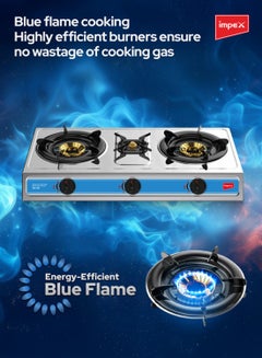 Impex 3 Burner Stainless Steel Gas Stove with High Durable Burners, Blue Flame With High Efficiency, L-Shaped Gas Inlet Pipe, Auto Ignition Knobs For Easy Operation and High Impact Stainless Steel Body IGS 125 Silver  - Image 5