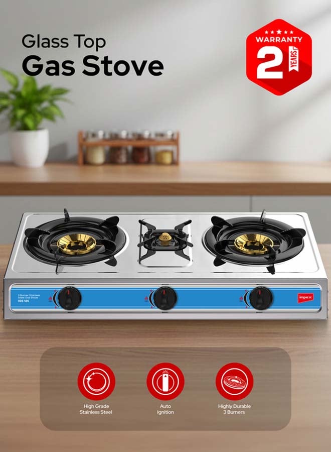 Impex 3 Burner Stainless Steel Gas Stove with High Durable Burners, Blue Flame With High Efficiency, L-Shaped Gas Inlet Pipe Food Fast Cooking Kitchen, Auto Ignition Knobs For Easy Operation and High Impact Stainless Steel Body IGS 125 Silver - Image 2