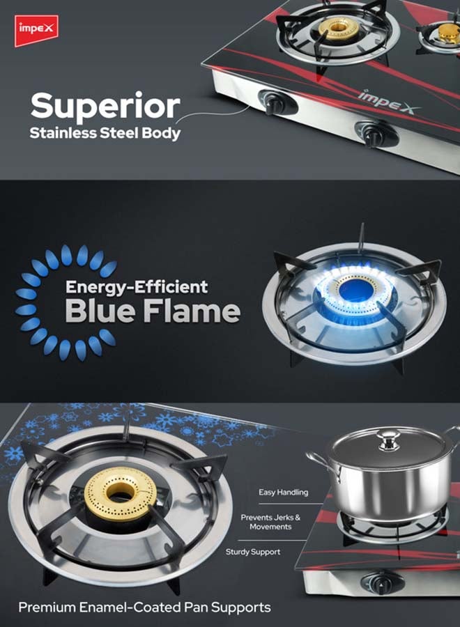 Impex 3 Burner Stainless Steel Gas Stove with High Durable Burners, Blue Flame With High Efficiency, L-Shaped Gas Inlet Pipe Food Fast Cooking Kitchen, Auto Ignition Knobs For Easy Operation and High Impact Stainless Steel Body IGS 125 Silver - Image 5