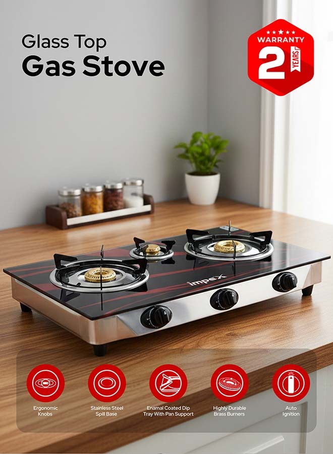 Impex 3 Burner Stainless Steel Gas Stove with High Durable Burners, Blue Flame With High Efficiency, L-Shaped Gas Inlet Pipe Food Fast Cooking Kitchen, Auto Ignition Knobs For Easy Operation and High Impact Stainless Steel Body IGS 125 Silver - Image 3