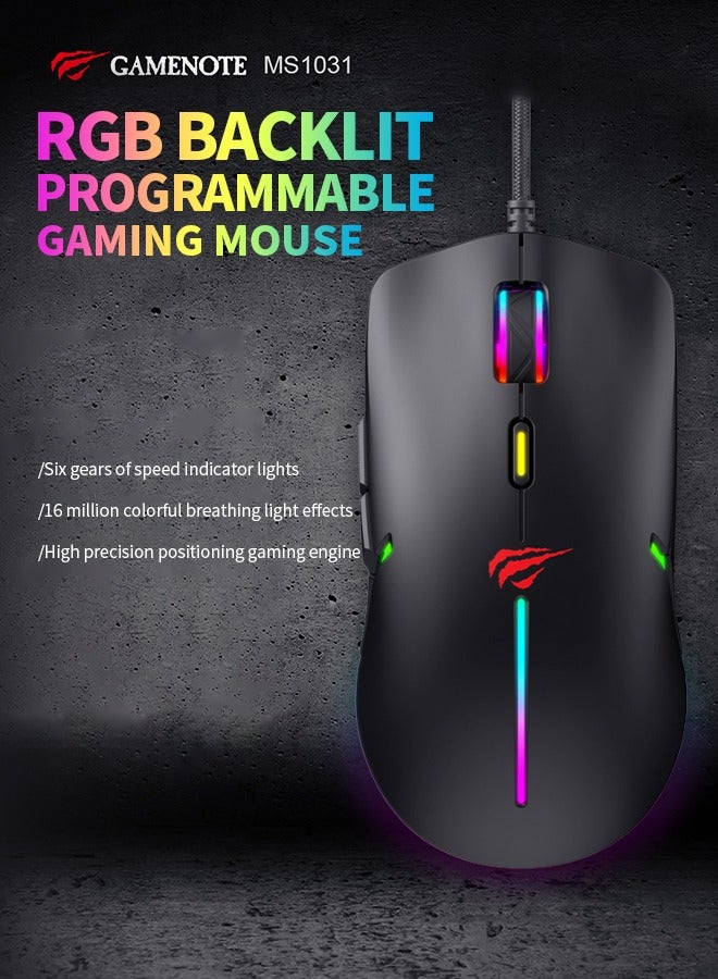 ماوس، ماوس ألعاب عالي الأداء، تصميم بإضاءة خلفية RGB، تنظيم 6-DPI، أسود