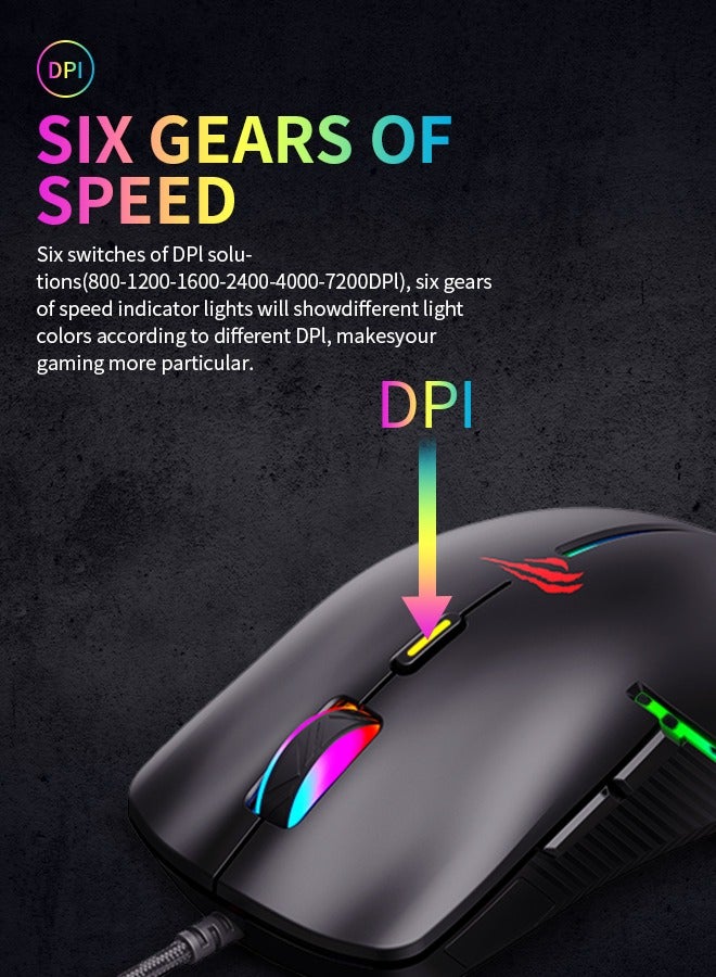 ماوس، ماوس ألعاب عالي الأداء، تصميم بإضاءة خلفية RGB، تنظيم 6-DPI، أسود