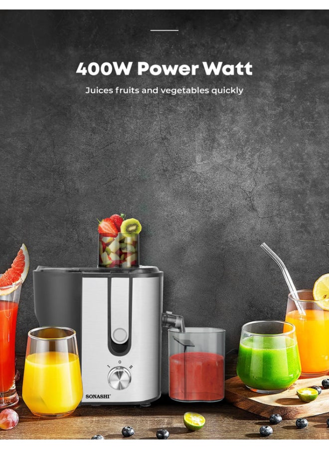 SONASHI - Juice Extractor with 2 Speeds - 1.2L Large Pulp Container | Whole Fruit Juice Extractor with Stainless Steel Body & Mesh Strainer | Motor Overheat Protection 1.2 L 400 W SPJ-507 Black/Silver - Image 1
