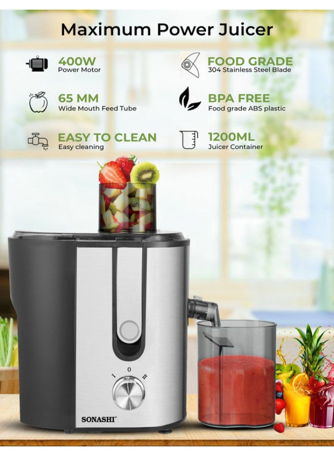 SONASHI Juice Extractor with 2 Speeds - 1.2L Large Pulp Container | Whole Fruit Juice Extractor with Stainless Steel Body & Mesh Strainer | Motor Overheat Protection 1.2 L 400 W SPJ-507 Black/Silver  - Image 2