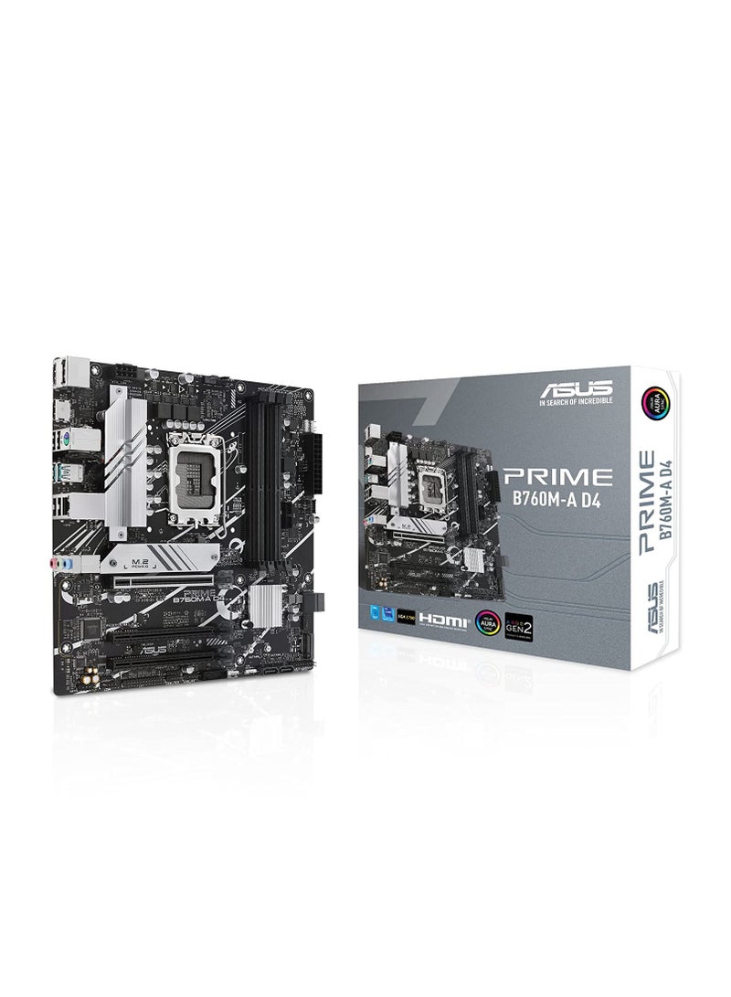 أسوس - Prime B760M-A D4 Intel® B760 (LGA 1700) (الجيل الثالث عشر والثاني عشر) لوحة أم بحجم mATX، PCIe 4.0، فتحات 2xM.2، شبكة LAN بسرعة 2.5 جيجابت، منفذ DisplayPort، HDMI مزدوج، USB 3.2 خلفي من الجيل الثاني، USB 3.2 أمامي من النوع الأول -C®، أورا سينك - Image 1