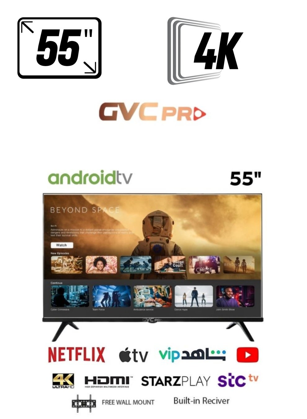 gvc pro 55 inch Smart TV, high resolution, 4K, Android  - GVC-55TUS5100 Black 