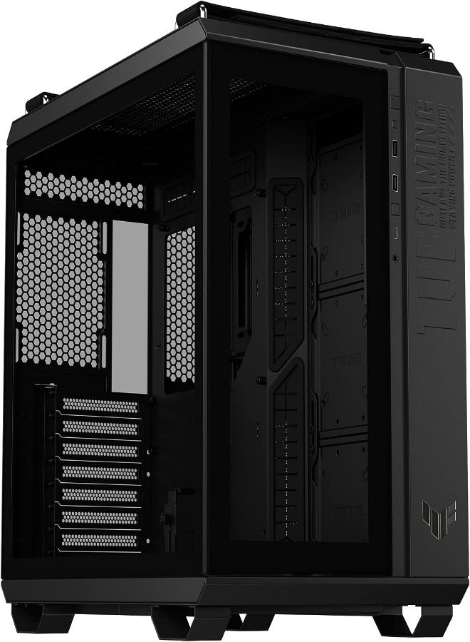 ASUS TUF Gaming GT502 Dual Chamber Chassis - Front Panel High-Speed USB Type-C​ Tool-Free Side Panels Panoramic View​ TUF Gaming-Style Woven Straps Fully Modular Design 