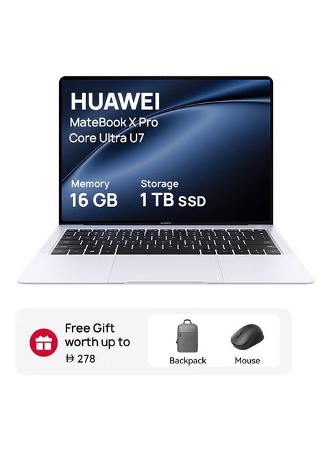 MateBook X Pro Laptop With 14.2-Inch 3.1K flexible OLED Display, Core Ultra 7 Processor/16GB RAM/1TB SSD/Intel Iris XE Graphics/Windows 11 Home + Mouse + Laptop Bag English/Arabic White