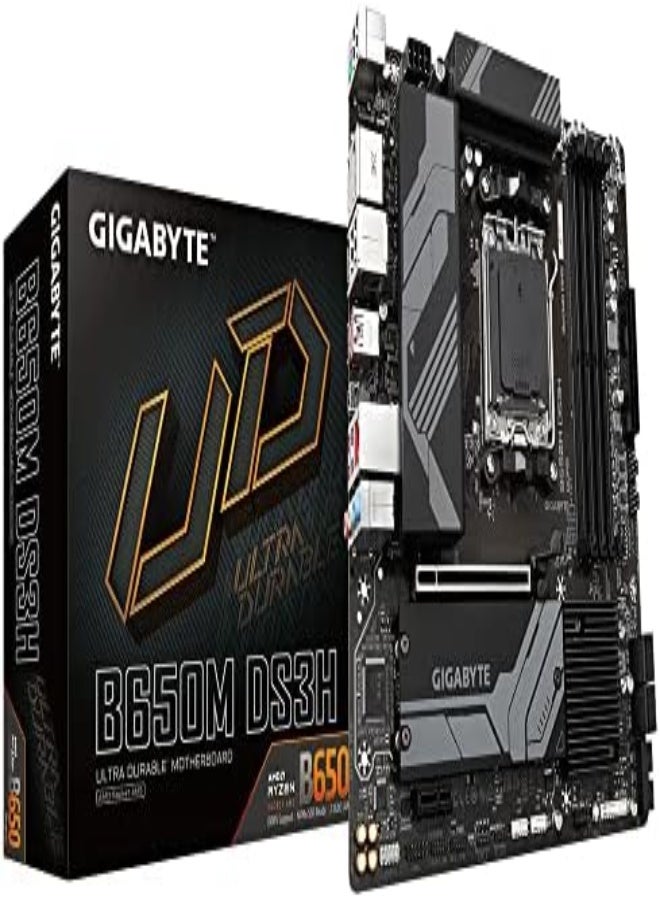 GIGABYTE - B650M DS3H Micro ATX Motherboard (Socket AM5) - Supports AMD Ryzen 7000 Series Processors, DDR5-6400(OC), 1x PCI-E 4.0 x16, 2.5G LAN, 2x M.2 Gen4 & USB-C - Image 1