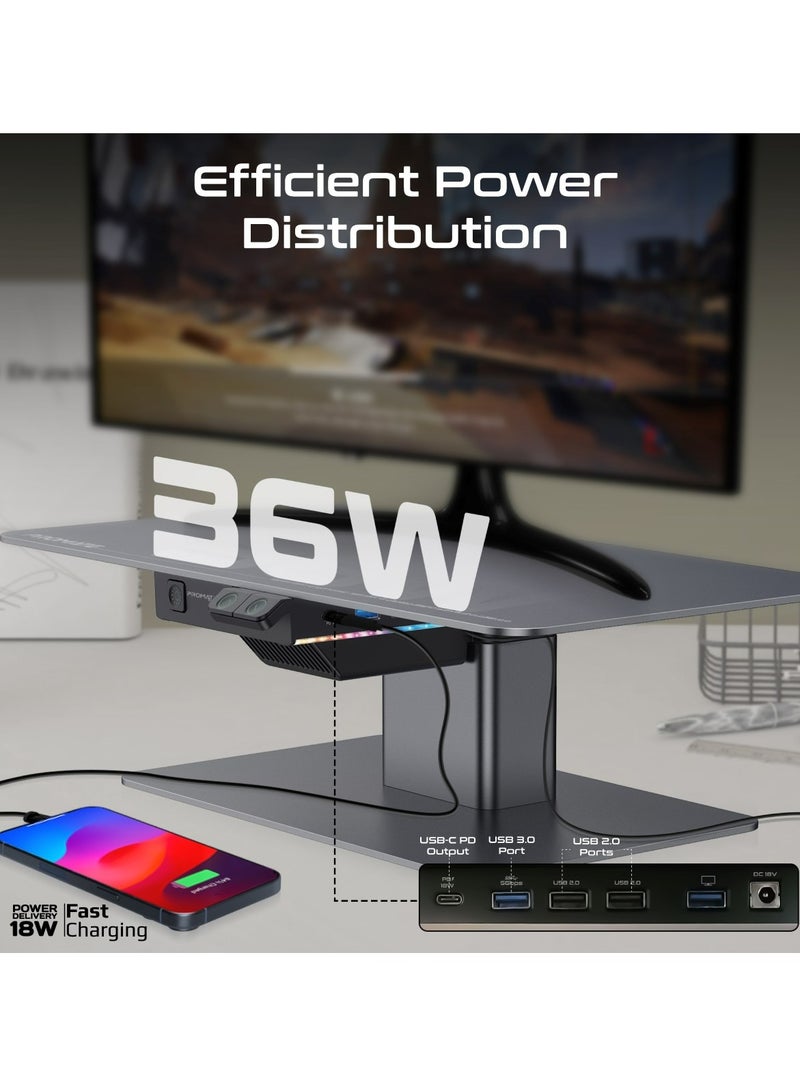 PROMATE 8-In-1 Electric Monitor and Laptop Riser Stand, Multi-functional Adjustable Height with Built-In USB Hub, 18W USB-C Power Delivery Port,  5Gbps USB 3.0 Data Transfer Port with RGB light,Raizer Grey  - Image 3