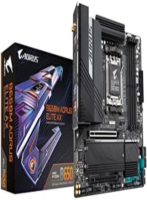 B650M AORUS Elite AX (AM5/ LGA 1718/ AMD B650/ Micro-ATX/ 5-Year Warranty/ DDR5/ 2* M.2/ PCIe 5.0/ USB 3.2 Gen2X2 Type-C/Intel 2.5GbE LAN/Q-Flash Plus/EZ-Latch/Gaming Motherboard)