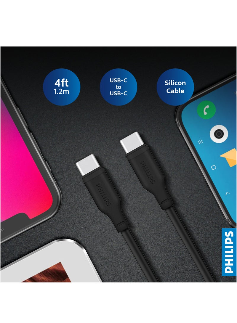Philips DLC6541CB 60W Fast Charging USB-C to USB-C Cable with 1.2m length, USB 2.0 Data Transfer up to 480Mbps, Flexible Silicone Design, 10000+ Bend Tested, Sync and Charge Support for iPhone, MacBook, iPad Pro, Samsung, and Type-C Devices Black - Image 2