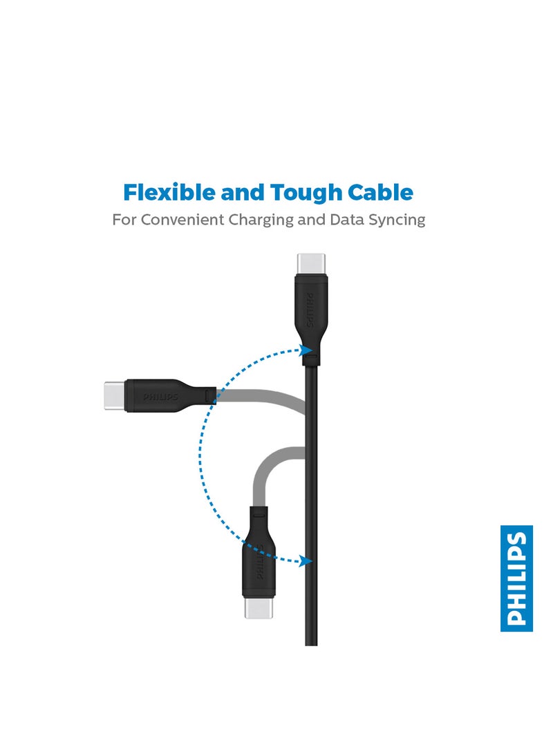 Philips DLC6541CB 60W Fast Charging USB-C to USB-C Cable with 1.2m length, USB 2.0 Data Transfer up to 480Mbps, Flexible Silicone Design, 10000+ Bend Tested, Sync and Charge Support for iPhone, MacBook, iPad Pro, Samsung, and Type-C Devices Black - Image 3