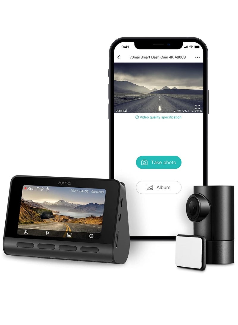 70mai - Dash Cam 4K A800S, High Resolution 3840x2160P, 1080P, Front And Rear, Built In WiFi GPS Smart Dash Camera For Cars, ADAS, Sony IMX415, 3'' IPS LCD Screen, 140° Wide Angle FOV, Night Vision - Image 1
