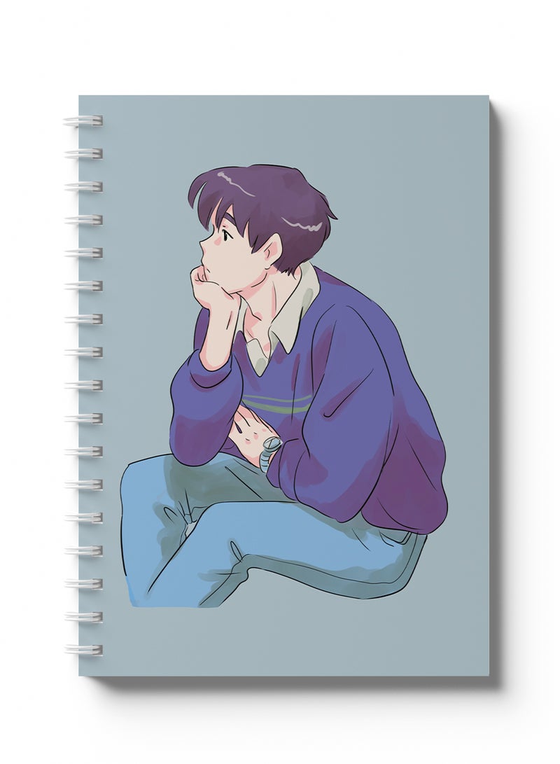 LOWHA - Sprial Notebook 60 Sheets with Hard Paper Covers and Anime Boy Thinking Design Multicolour - Image 1