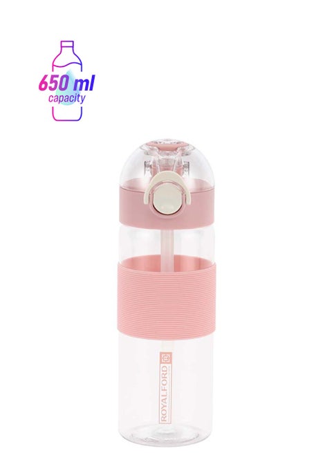 Royalford 650ml Water Bottle RF12357 with Straw Transparent Plastic Bottles with Push Button, One Hand Operation Perfect for School, Office and Gym Leak-Proof and Food-Grade Assorted 650ml