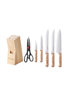Royalford Royalford Kitchen Knife Set- RF12265/ Pack of 7, Includes Chef, Slicer, Utility, Paring Knife and Scissors/ Stylish Pinewood Holder, Ergonomic Design with Comfortable Wooden Handle Multicolor  - Image 1