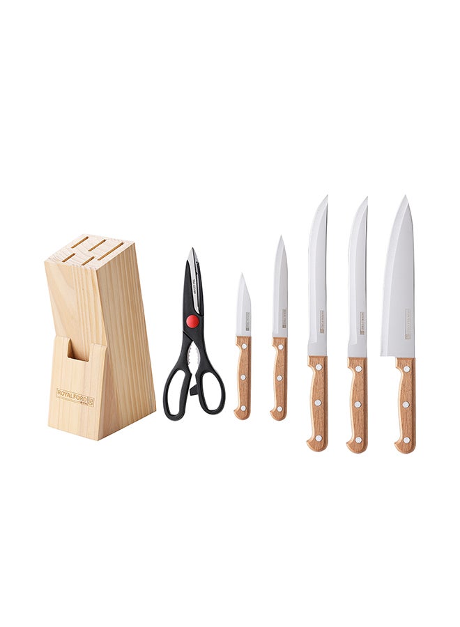 Royalford Royalford Kitchen Knife Set- RF12265/ Pack of 7, Includes Chef, Slicer, Utility, Paring Knife and Scissors/ Stylish Pinewood Holder, Ergonomic Design with Comfortable Wooden Handle Multicolor  - Image 1