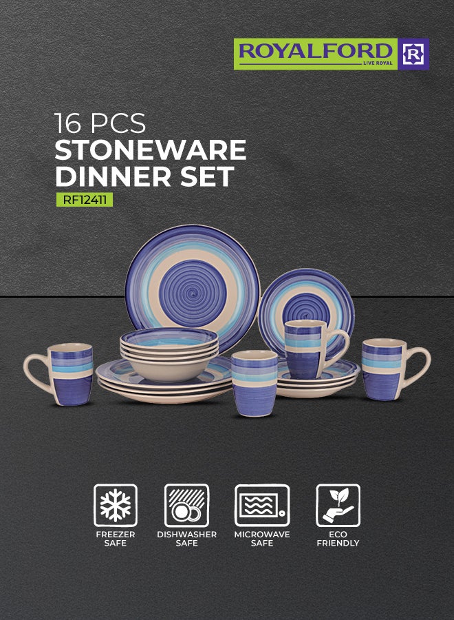 Royalford 16pcs Stoneware Dinner Set RF12411 Includes Dinner and Dessert Plates, Soup Bowls and Mugs Dishwasher-Safe, Microwave-Safe and Freezer-Safe Perfect for Home, Gifting Multicolor 3kg - Image 1