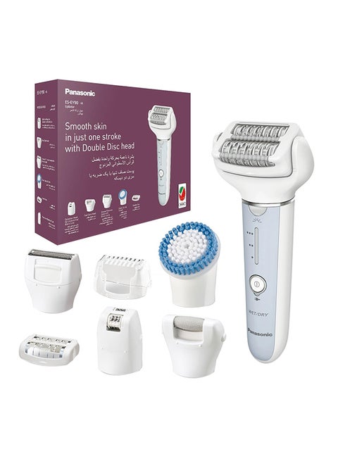 Wet And Dry Epilator For Women, Double Disc With 60 Tweezers, Flexible 90° Pivoting Head, 3 Speed Setting And Led Light, Up To 30 Minutes Operation Time, 8 Attachments, Es-Ey90 White