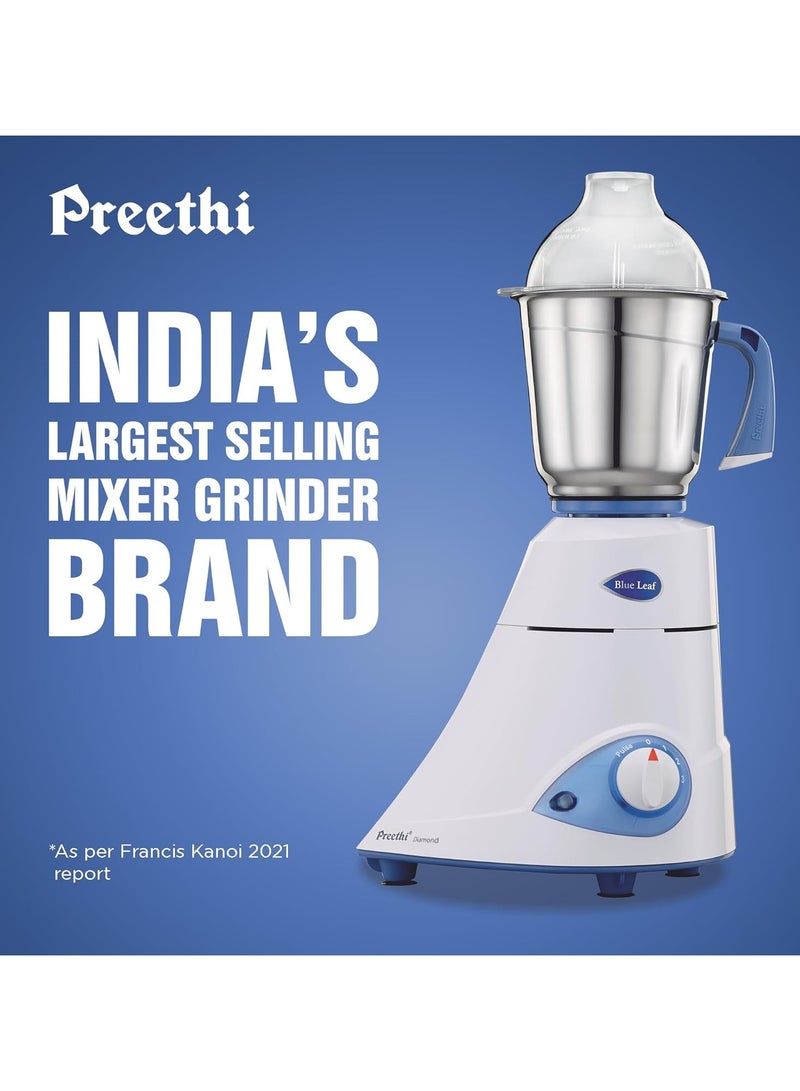 Preethi Blue Leaf Diamond MG-214 750 Watt Mixer Grinder with 3 Jars (Wet Grinding (1.5 litres) + Dry Grinding Jar (0.5 litre) + Chutney Jar (0.4 litre)Stainless steel), Blue/White 1.5 L 750 W MG 214 Blue/White - Image 2