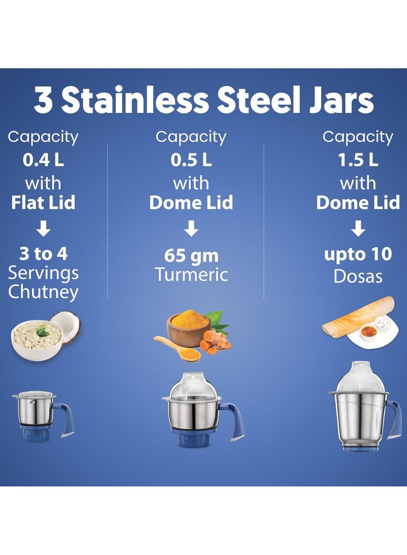 Preethi Blue Leaf Diamond MG-214 750 Watt Mixer Grinder with 3 Jars (Wet Grinding (1.5 litres) + Dry Grinding Jar (0.5 litre) + Chutney Jar (0.4 litre)Stainless steel), Blue/White 1.5 L 750 W MG 214 Blue/White - Image 3